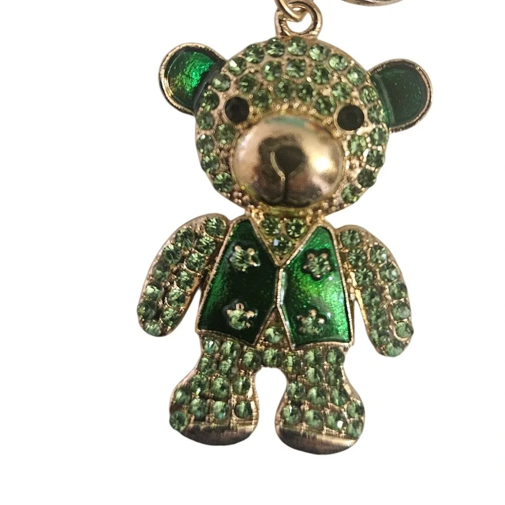 Sparkling Green Bear Keychain Rhinestone Charm‎ Gold Tone Women Accessories